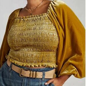 ANTHROPOLOGIE NWOT Balloon Puff-Sleeved Smocked Velvet Square Neck Top Gold XL